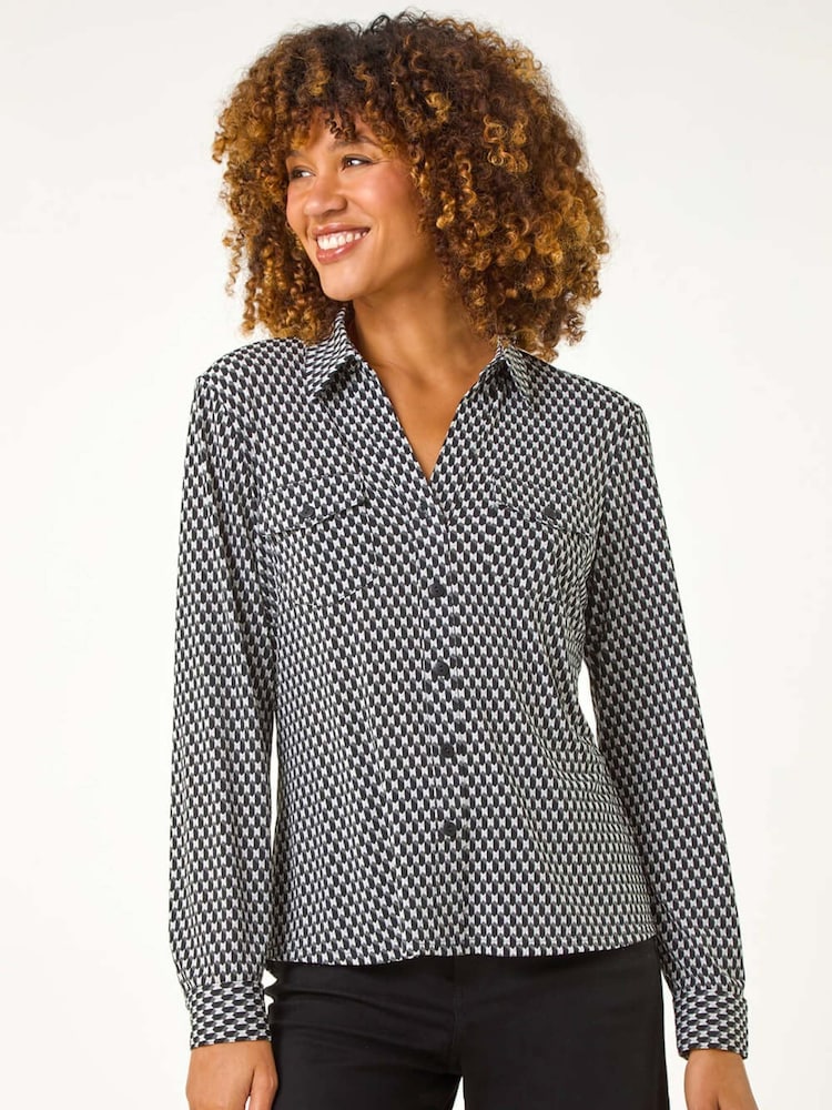 Roman Black Textured Geo Print Stretch Shirt - Image 2 of 5
