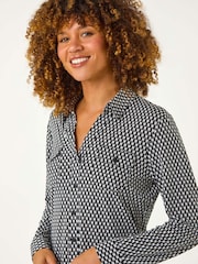 Roman Black Textured Geo Print Stretch Shirt - Image 4 of 5