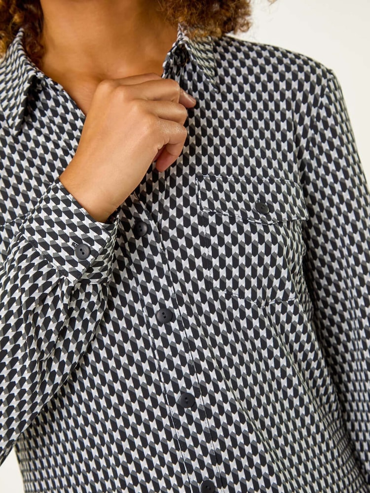 Roman Black Textured Geo Print Stretch Shirt - Image 5 of 5