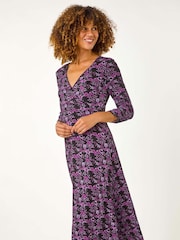 Roman Purple Floral Print Wrap Front Midi Dress - Image 1 of 6
