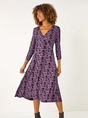 Roman Purple Floral Print Wrap Front Midi Dress - Image 3 of 6