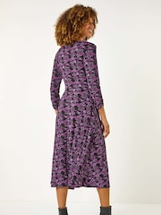 Roman Purple Floral Print Wrap Front Midi Dress - Image 4 of 6