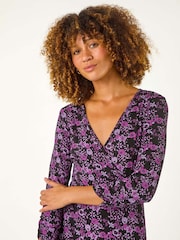 Roman Purple Floral Print Wrap Front Midi Dress - Image 5 of 6