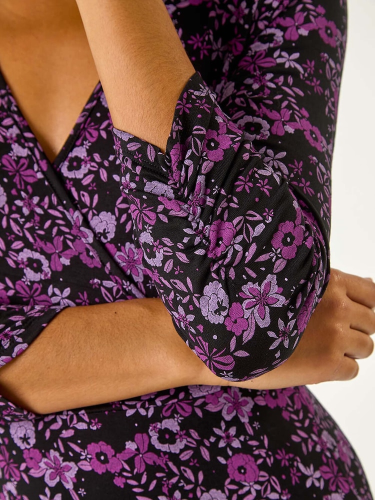 Roman Purple Floral Print Wrap Front Midi Dress - Image 6 of 6