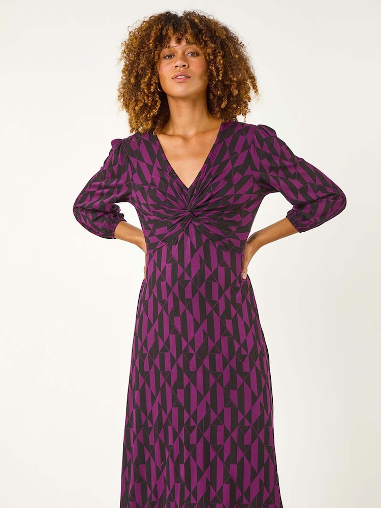 Roman Purple Geometric Print Twist Front Midi Dress - Image 2 of 5
