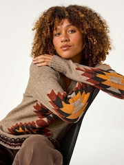 Roman Brown Hooded Chevron Detail Knit Jumper - Image 1 of 5