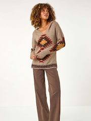 Roman Brown Hooded Chevron Detail Knit Jumper - Image 2 of 5