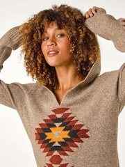 Roman Brown Hooded Chevron Detail Knit Jumper - Image 5 of 5