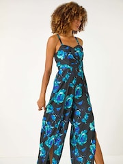 Roman Blue Floral Print Pleat Detail Bardot Jumpsuit - Image 2 of 5