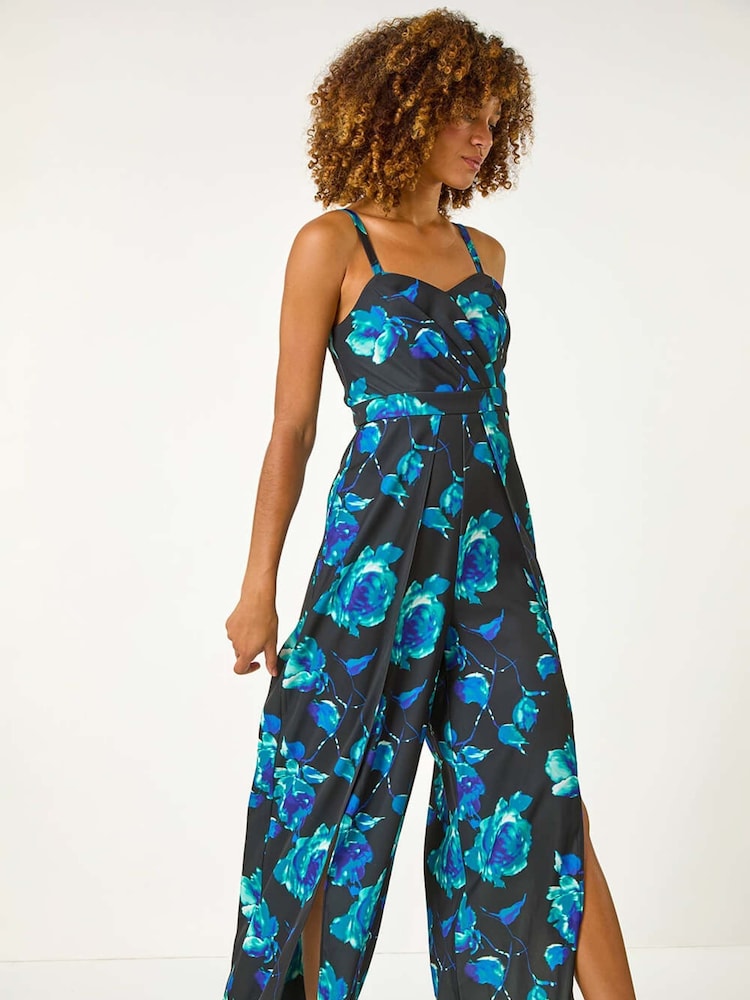 Roman Blue Floral Print Pleat Detail Bardot Jumpsuit - Image 2 of 5