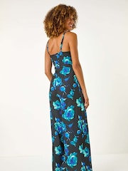 Roman Blue Floral Print Pleat Detail Bardot Jumpsuit - Image 3 of 5