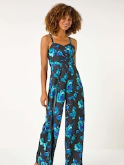 Roman Blue Floral Print Pleat Detail Bardot Jumpsuit - Image 4 of 5