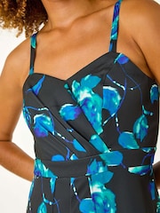 Roman Blue Floral Print Pleat Detail Bardot Jumpsuit - Image 5 of 5