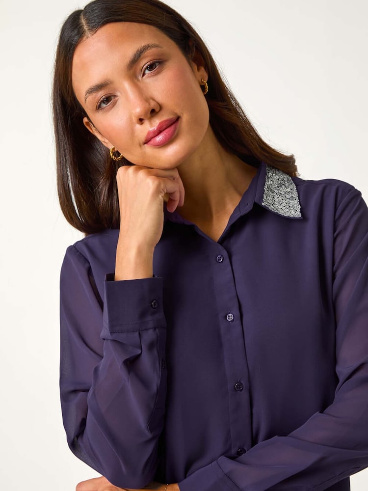 Roman Purple Sequin Collared Shirt - Image 1 of 5