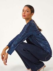 Roman Blue Sequin Stretch Shirt Top - Image 1 of 5