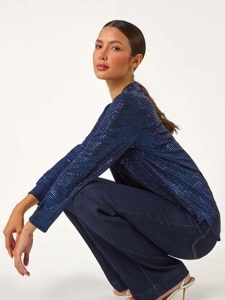 Roman Blue Sequin Stretch Shirt Top - Image 1 of 5