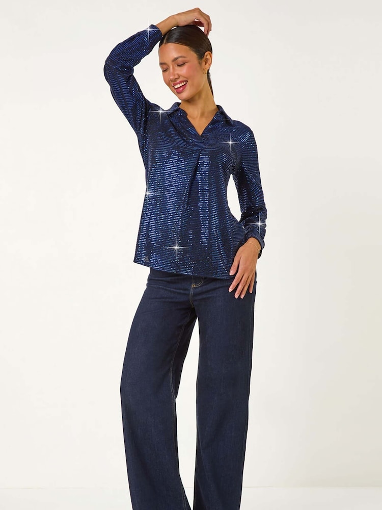 Roman Blue Sequin Stretch Shirt Top - Image 2 of 5