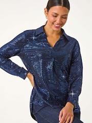 Roman Blue Sequin Stretch Shirt Top - Image 4 of 5