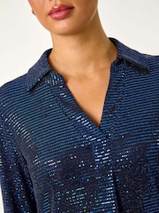 Roman Blue Sequin Stretch Shirt Top - Image 5 of 5