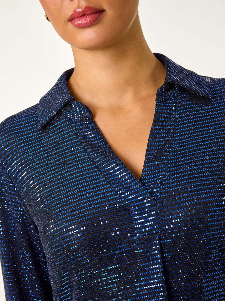 Roman Blue Sequin Stretch Shirt Top - Image 5 of 5