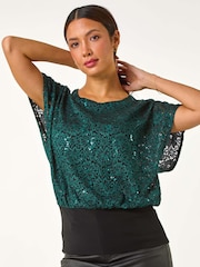 Verde - Roman Sequin Lace Stretch Overlay Top - Imagen 3 de 6
