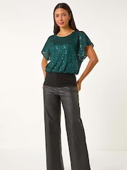 Verde - Roman Sequin Lace Stretch Overlay Top - Imagen 4 de 6