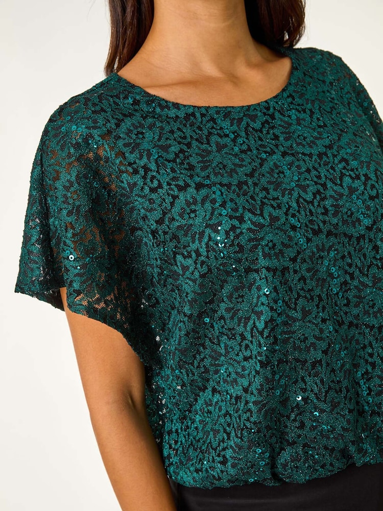 Verde - Roman Sequin Lace Stretch Overlay Top - Imagen 6 de 6 Verde - Roman Sequin Lace Stretch Overlay Top - Imagen 6 de 6