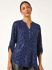 Blue Roman Grey Metallic Linear Floral Stretch Blouses - Image 2 of 5