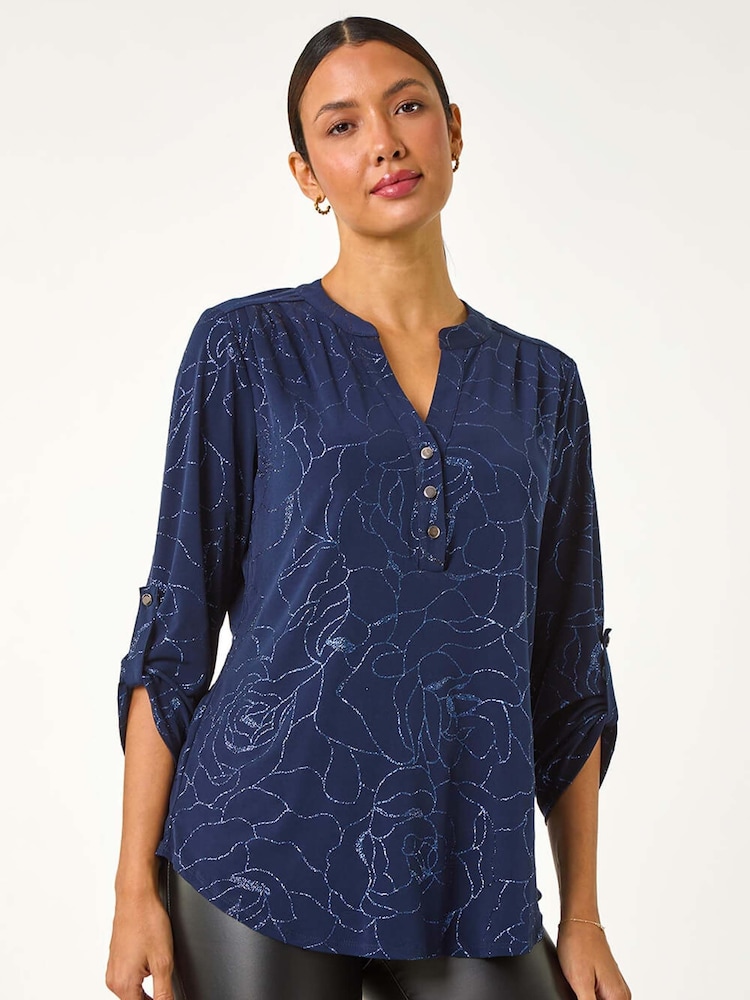 Blue Roman Grey Metallic Linear Floral Stretch Blouses - Image 2 of 5