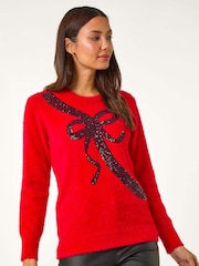 Roman Red Sequin Bow Detail Festive Christmas Jumper - Image 4 of 5