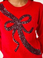 Roman Red Sequin Bow Detail Festive Christmas Jumper - Image 5 of 5