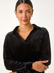 أسود - Roman Collared Velvet Stretch Shirt - صورة 1 من 6