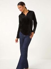 أسود - Roman Collared Velvet Stretch Shirt - صورة 3 من 6