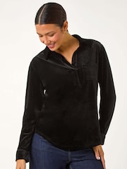 أسود - Roman Collared Velvet Stretch Shirt - صورة 5 من 6