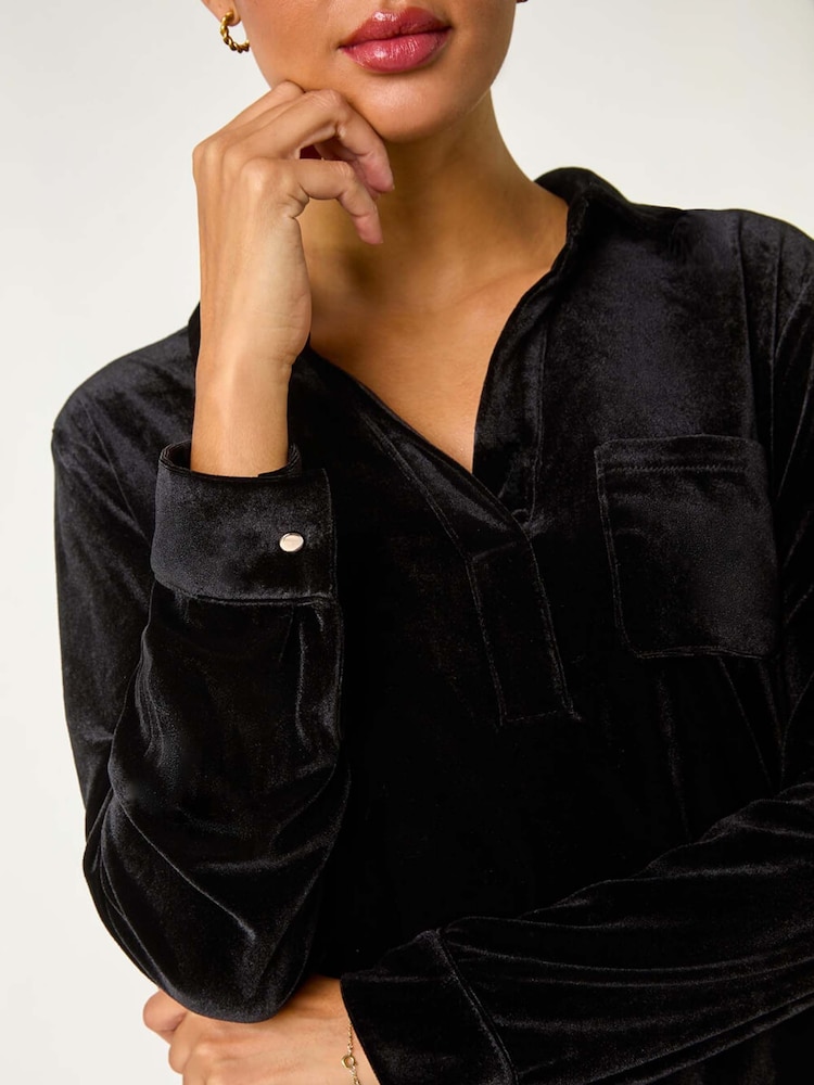 أسود - Roman Collared Velvet Stretch Shirt - صورة 6 من 6