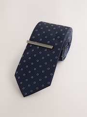 Navy Geometric Print Tie with Tie Clip - Image 1 of 2
