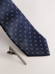 Navy Geometric Print Tie with Tie Clip - Image 2 of 2