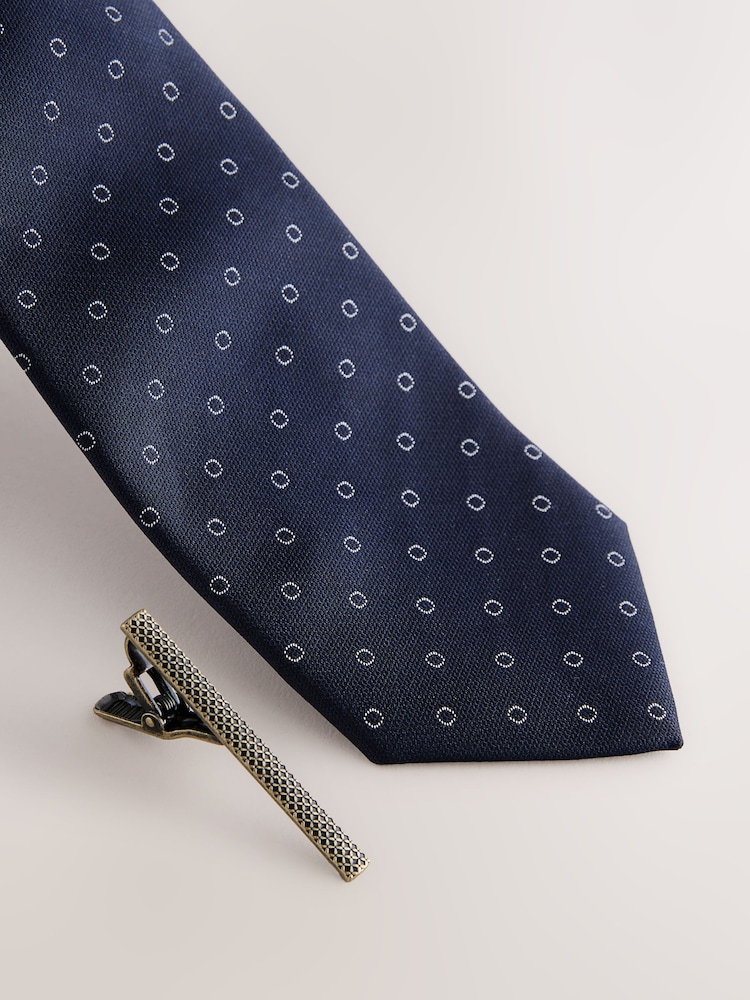 Navy Geometric Print Tie with Tie Clip - Image 2 of 2