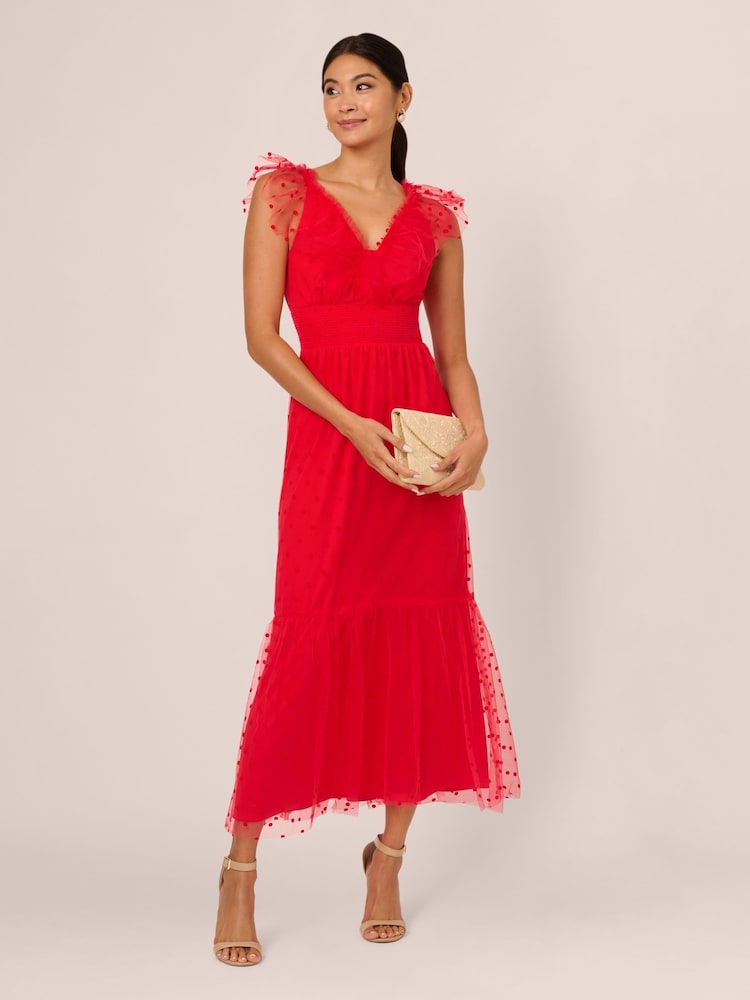 Adrianna Papell Red Dot Tulle Ruffle Dress - Image 3 of 7