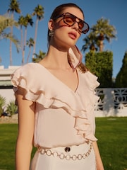 Friends Like These Blush Pink Short Sleeve Ruffle Blouse - Image 1 of 4