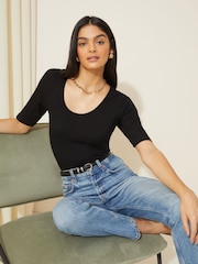 Zwart - Friends Like These body van geribbelde jersey met ruime ronde hals en korte mouwen - Image 1 of 1