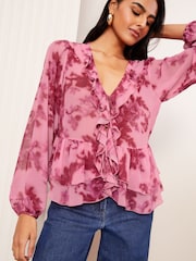 Friends Like These Pink Long Sleeve Ruffle Front Blouse - Image 1 of 4