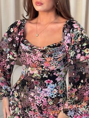 Girl In Mind Black Rea Draped Neckline Long Sleeve Mini Dress In Floral Foil - Image 5 of 6
