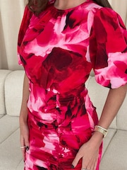 Girl In Mind Pink Anisa Floral Print Frill Skirt Puff Sleeve Midi Dress - Image 5 of 6