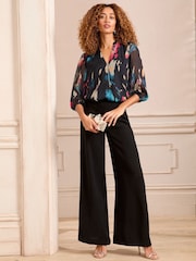 Love & Roses Black Abstract Petite Zip Front Mix Sheer Long Sleeve Length Blouse - Image 3 of 4