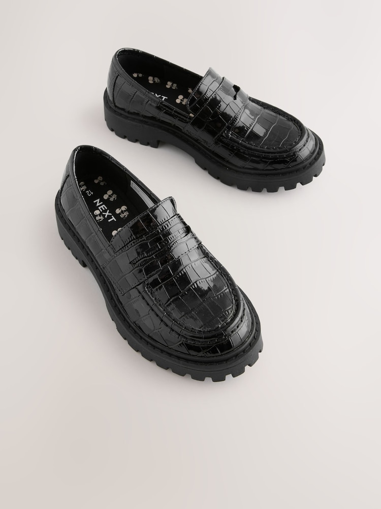 Black Patent Crocodile Effect School Loafers - Image 1 of 5