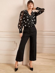 Love & Roses Black & White Petite Ruffle Detail V-Neck Long Sleeve Blouse - Image 3 of 4