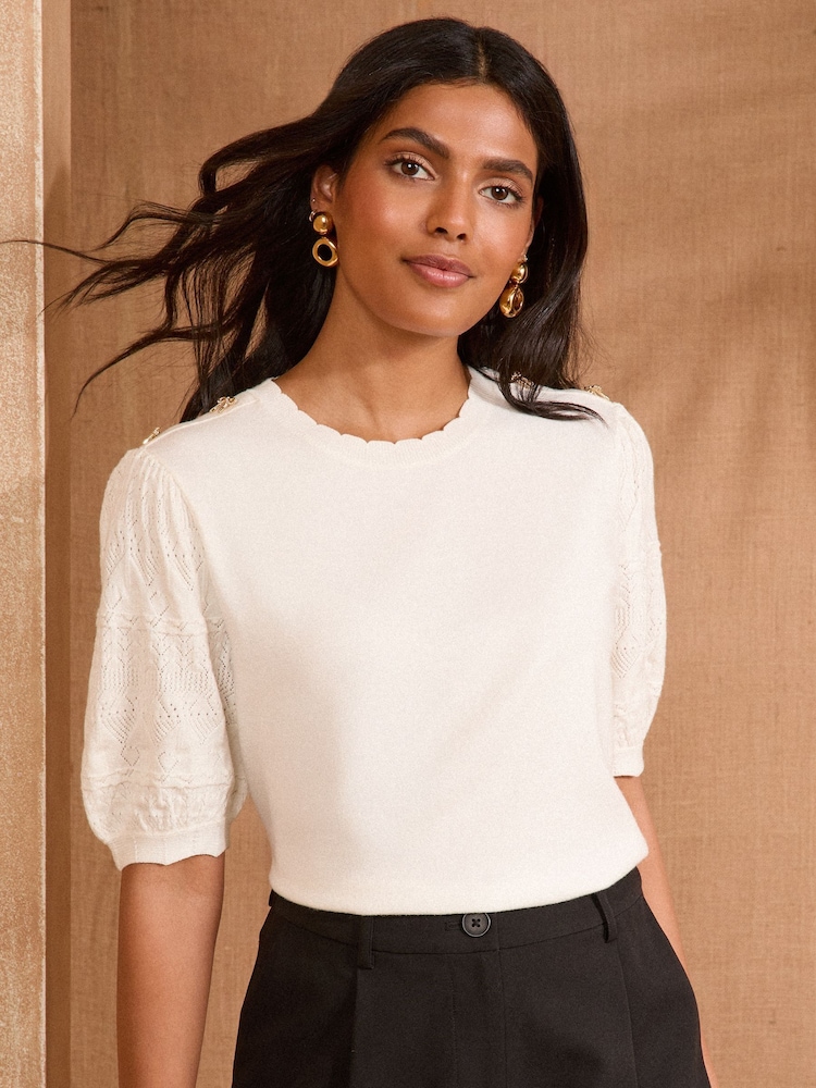 Love & Roses White Ecru Scallop Bow Embroidered Top - Image 1 of 4