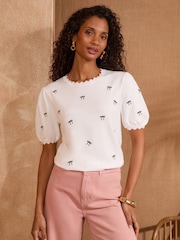 Love & Roses Ivory/Black Scallop Bow Embroidered Top - Image 1 of 4