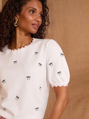 Love & Roses Ivory/Black Scallop Bow Embroidered Top - Image 2 of 4